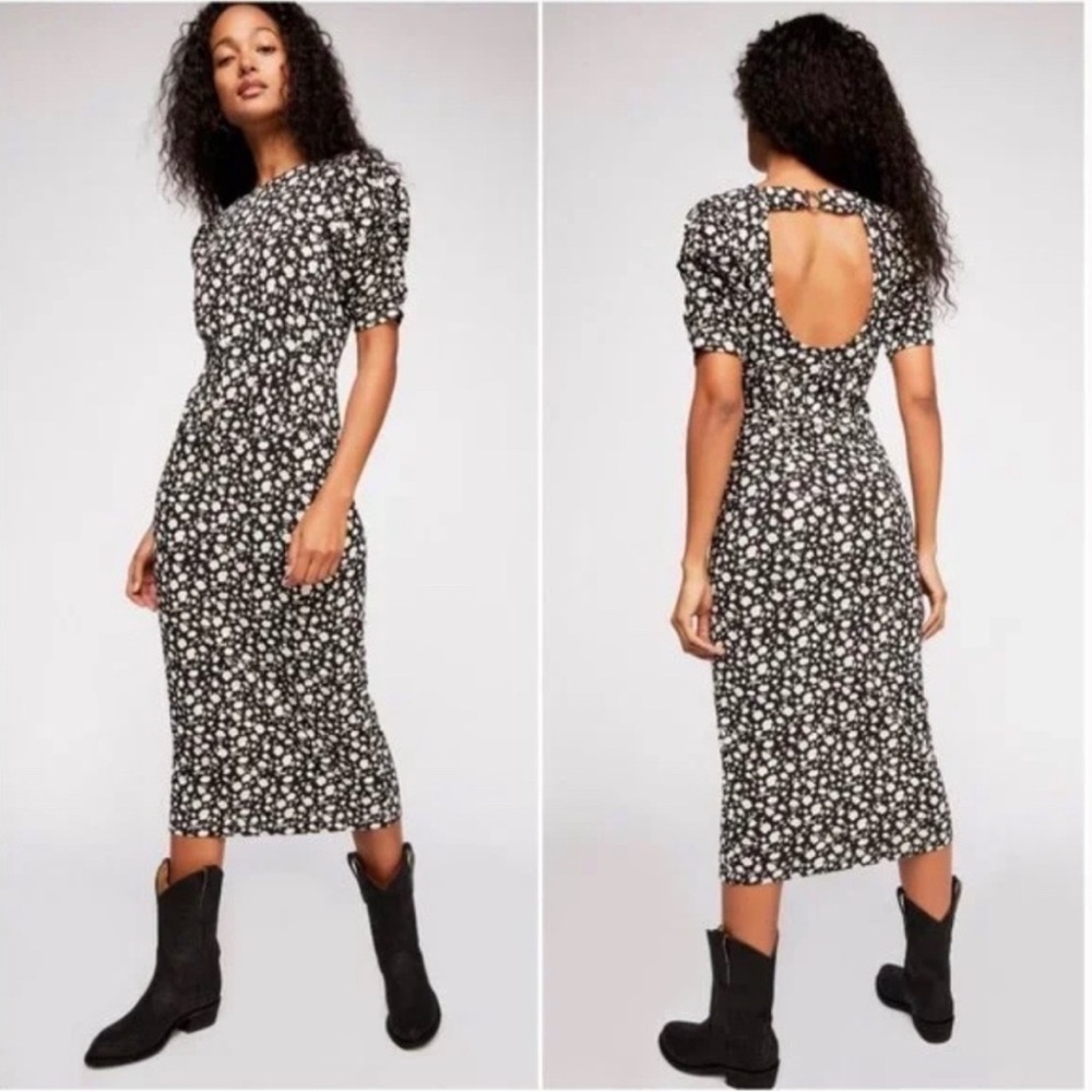 Free People Rosie Stretch Knit Floral Puff Sleeve Cutout Midi Dress. Size M - Picture 1 of 15